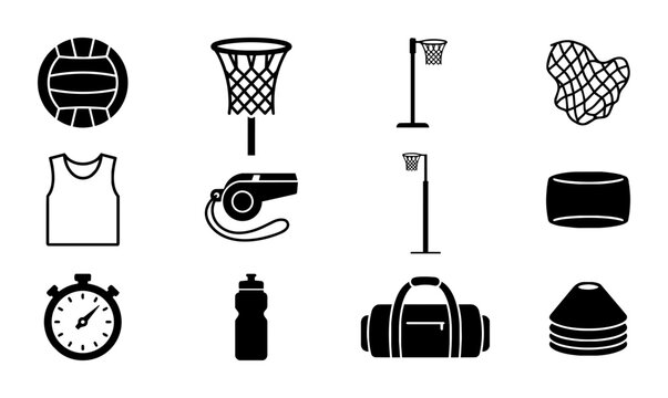 Netball Sport Icons Set, Vector Graphics for Training and Game Equipment, Black and White Silhouette Collection for Athletic Design
