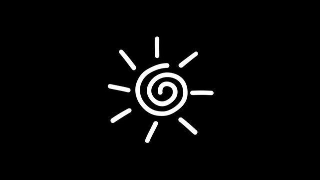 Animated spiral lines forming a cartoon-style sun icon with radiating rays; cheerful concept, black background, 4K video.