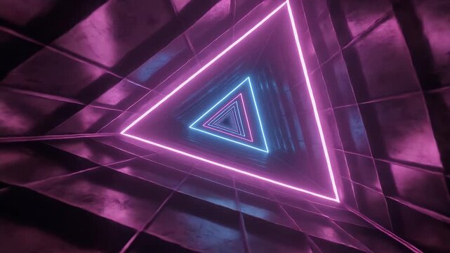 A digitally rendered abstract tunnel with repeating triangular neon lights in pink and blue.