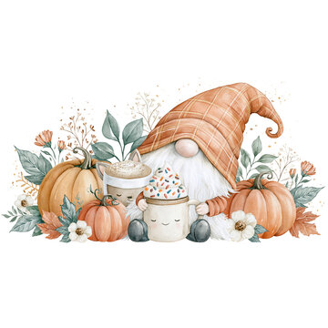 Autumn gnome pumpkin hot drink cozy fall cute mug latte harvest pumpkin gnome holds hot drink cozy fall mug with whipped cream sprinkle surrounded