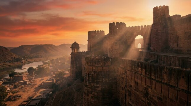 Historic fort ramparts overlooking valley and river at golden sunrise