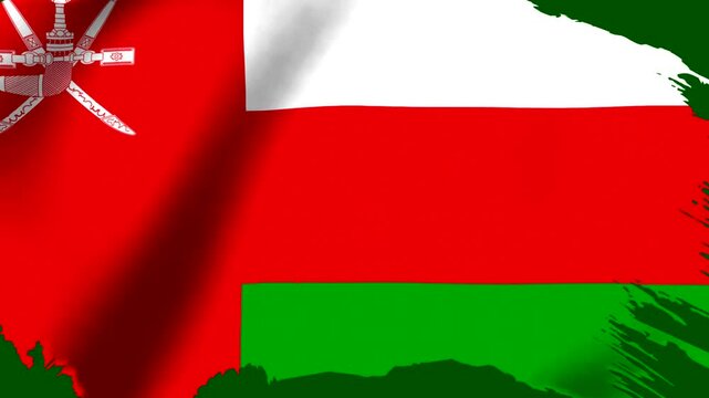 National flag of Oman featuring white red and green horizontal stripes with the national emblem on the left side