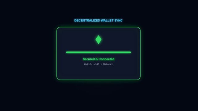 Glowing decentralized Web3 cryptocurrency wallet sync interface UI with connection request message against a dark background motion graphic loop