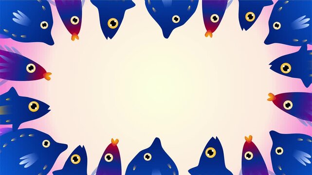 blue fish border frame on soft gradient cream background