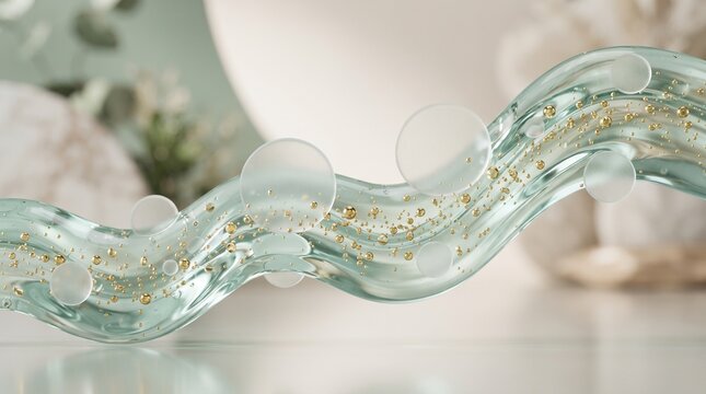 Cosmetic gel wave with floating oil droplets and gold flakes for skincare product background