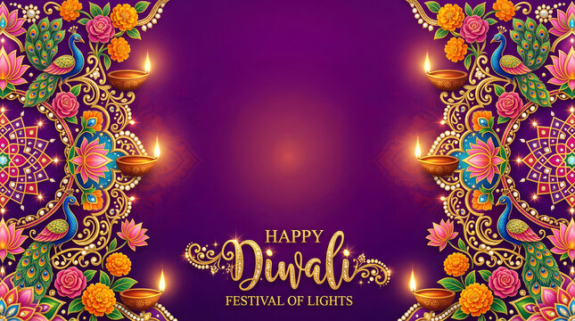 Ornate Happy Diwali background featuring peacocks, glowing diyas, and floral patterns on purple. Ideal for Indian festival greetings and event invitations.