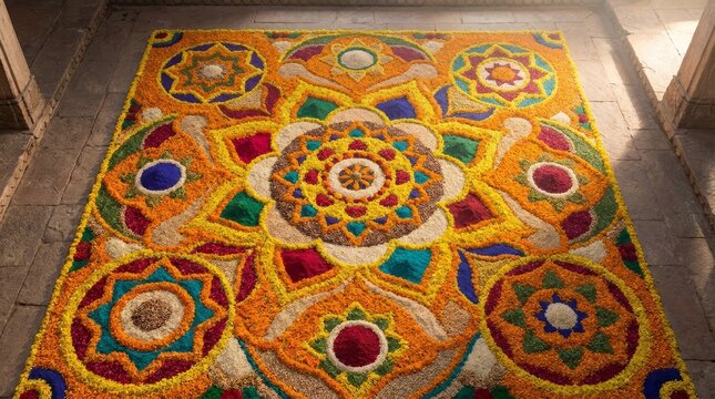 Intricate colorful rangoli design made of flower petals and powders on stone