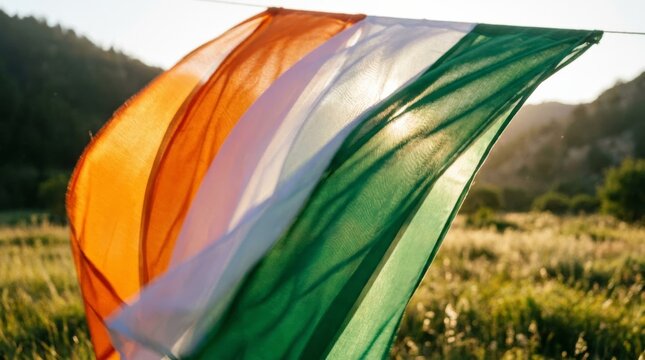 Indian flag hanging outdoors in natural landscape with soft sunlight and hills