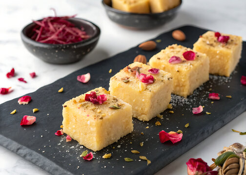 Cubes of Coconut Burfi topped with dried rose petals