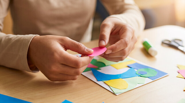 Person assembling colorful paper shapes on craft project. Education, creativity, DIY activity, classroom, child development.