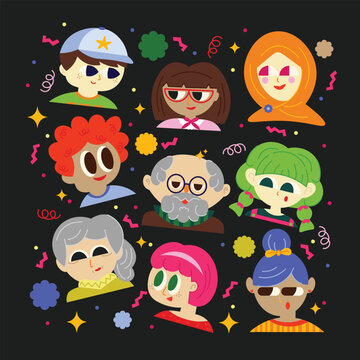 Playful Cartoon Faces Character Illustration