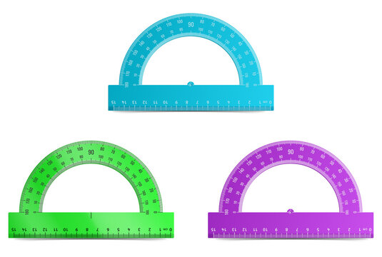 Vibrant protractors in blue, green, and purple for education on transparent background