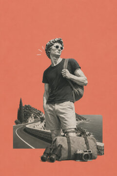 image.pngClassic statue tourist with backpack, camera and binoculars standing by coastal road on coral summer vacation background