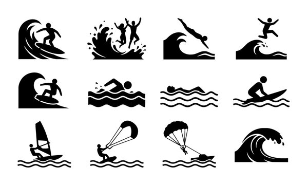 Ocean Water Sports Icons Set, Surfing, Swimming, Kitesurfing, Windsurfing, Diving, Vector Graphics Collection for Summer Activities and Beach Lifestyle