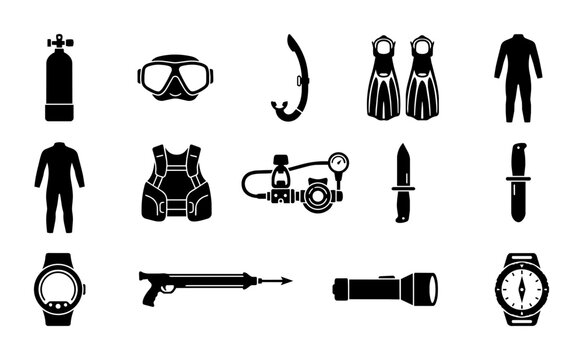 Scuba Diving Equipment Icons Set, Underwater Gear Vector Collection, Snorkeling and Dive Accessories Graphics, Black and White Symbols