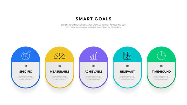 SMART Goals diagram infographic template for Strategic Goal Presentation are Specific, Measurable, Achievable, Relevant, and Time-bound. Icons and diagrams chart. Personal and business goals setting.