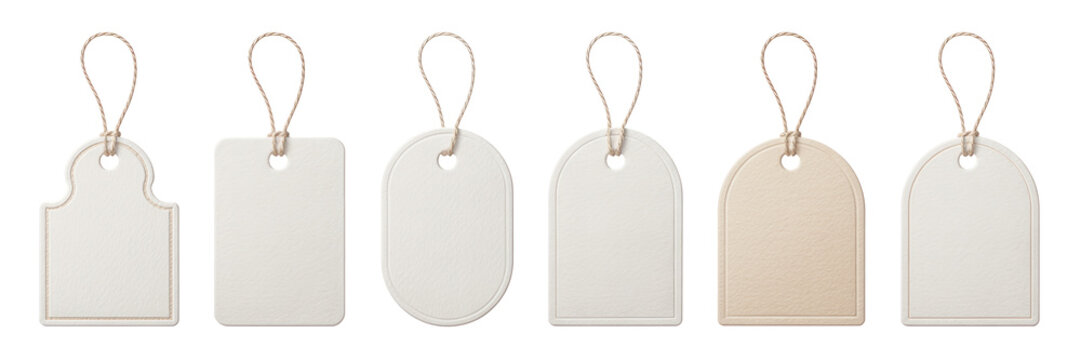 Vintage beige paper retail price tags with cotton strings. Assorted blank shopping labels in different shapes and sizes for business, retail and product branding. Minimalist white background