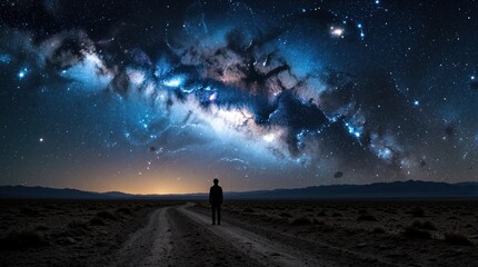 Fototapeta premium Lone person stands on dirt road looking at vast Milky Way galaxy. Starry night sky over desert landscape and distant mountains, cosmic wonder.