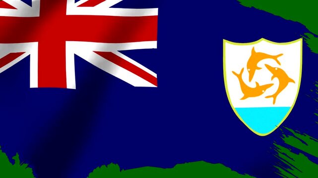 Waving flag of Anguilla with three orange dolphins on a blue field