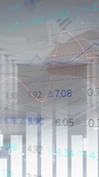 Animation of financial data processing over caucasian woman using typing on keyboard and cityscape