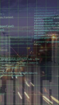 Animation of financial data processing over cityscape