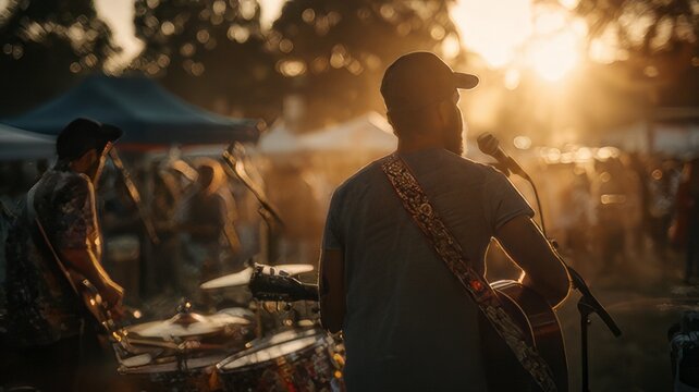 Musician playing a guitar on an outdoor stage during a golden sunset at a music festival.