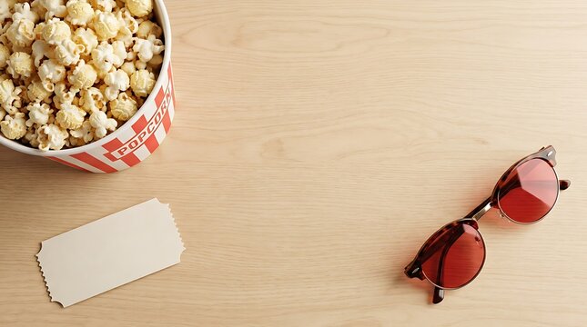 Movie background with popcorn bucket, sunglasses, and blank ticket on wooden table