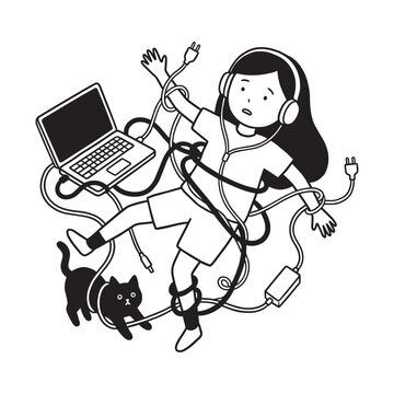 Stressed remote worker tangled in laptop cables with black cat doodle