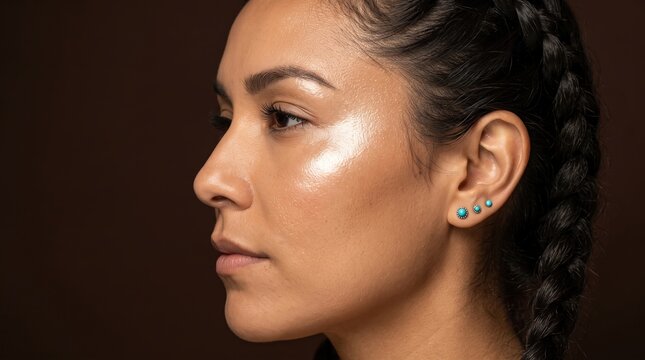 Side profile view of young woman face showing oily shiny skin