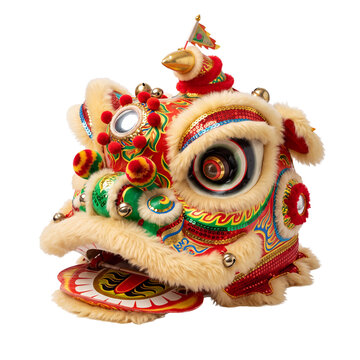 Ornate red and white lion dance mask for chinese new year with fuzzy trim and shiny decorations