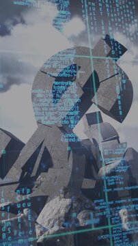 Animation of data processing over flashes and dollar made of stone