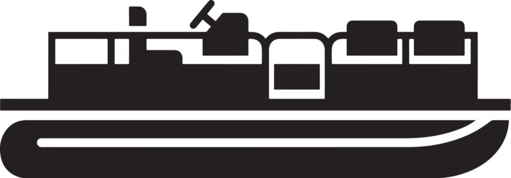 Simple black pontoon boat silhouette vector icon representing marine water transport