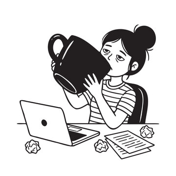 Tired exhausted freelancer drinking from giant coffee mug line art doodle vector