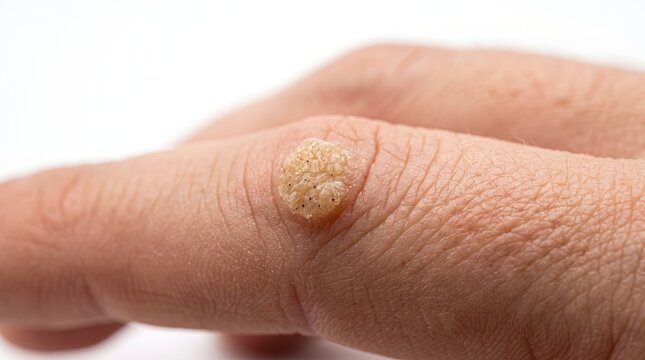 Macro Close Up of Common Wart Verruca Vulgaris with Black Dots on Human Finger