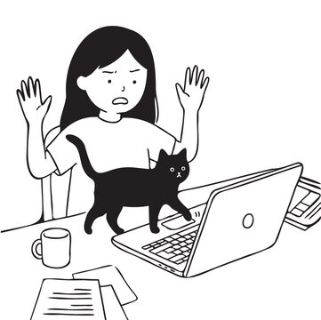 Funny girl surrendering while black cat walks on laptop keyboard line art vector