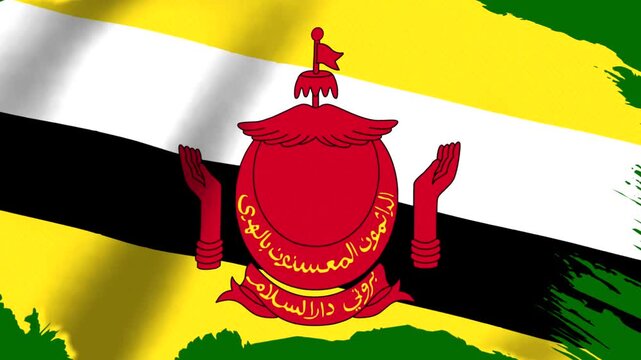 Waving flag of Brunei Darussalam featuring the national emblem with yellow white and black stripes
