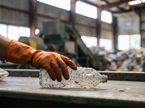 Close-up of a worker's hand wearing an orange industrial glove picking up an empty plastic bottle on a conveyor belt inside a recycling facility or waste management plant.