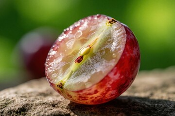 Fototapeta premium Sweet red grape half cut showing juicy pulp and seeds. Fresh fruit rests on textured stone with blurred green background. Water droplets glisten on its smooth skin.