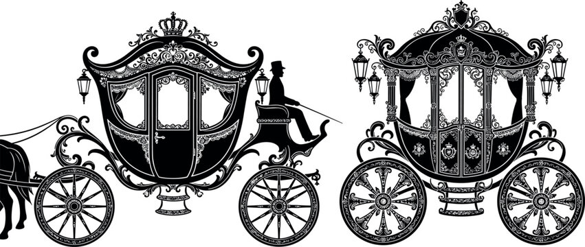 Vintage Royal Carriage Silhouette Vector Set with Coachman and Ornate Details for Fairytale and Wedding Design