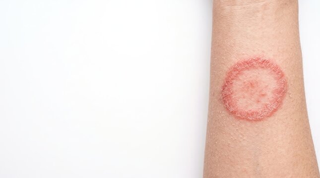 Close up view of ringworm tinea corporis fungal infection circular red rash on human skin