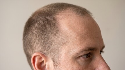 Naklejka premium Side profile of adult male head displaying male pattern baldness receding hairline thinning hair