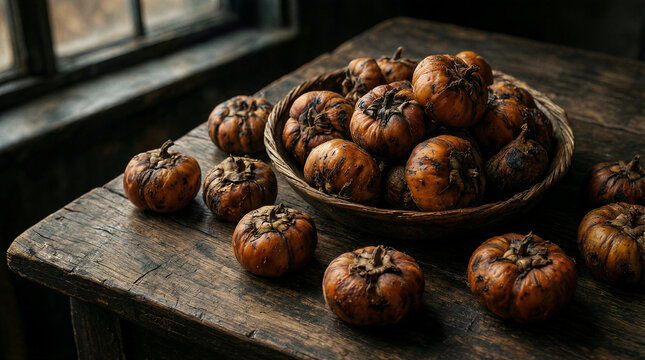 Bletted medlars arranged on a rustic weathered wooden table under moody window light