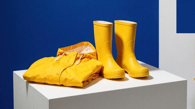 Bright yellow raincoat, rubber boots on white pedestal. Waterproof clothing set for rainy weather. Minimalist fashion apparel against blue background. Protective wet weather gear kit for autumn