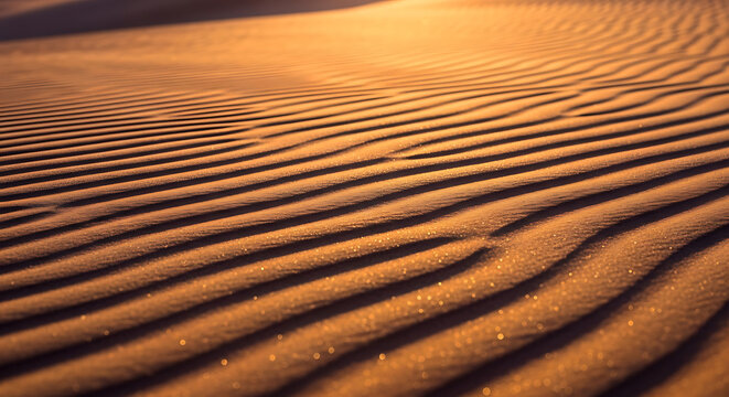 Rippled golden sand dunes in desert landscape - Close-up view of sunlit sand ripples forming natural patterns across a vast desert dune field under clear skies