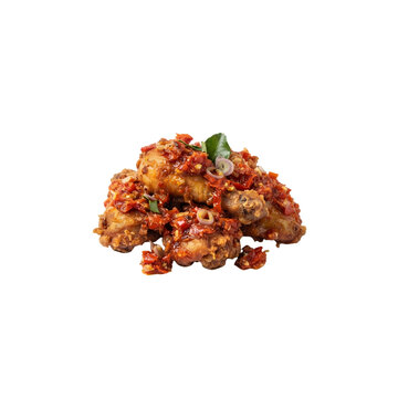 Delicious crispy fried chicken wings coated in spicy red chili sauce isolated on transparent background