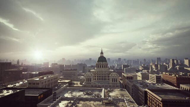 sunrise city skyline bathed in light, domed landmark centered among bright rooftops, warm golden glow, crisp clouds and long shadows creating optimistic morning