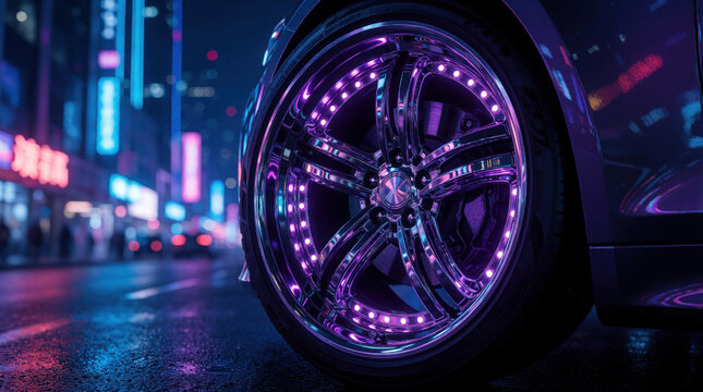 Glowing rims of automobile dominated by purple LED lights. Car wheel rotates on street of city at night. Reflections of light shining on ground. Bicycles, vehicles visible in distance.