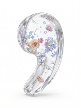 Elegant transparent crystal comma punctuation symbol filled with delicate floating pastel flowers, creating a whimsical decorative typography concept on white.