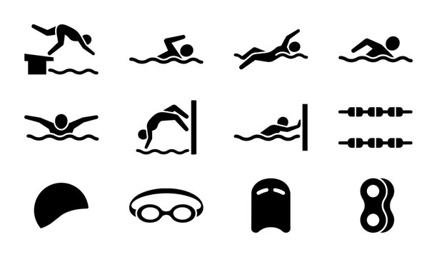 Swimming Icons Set, Aquatic Sport Pictograms, Pool Activities Vector Graphics, Water Sports Symbols Collection
