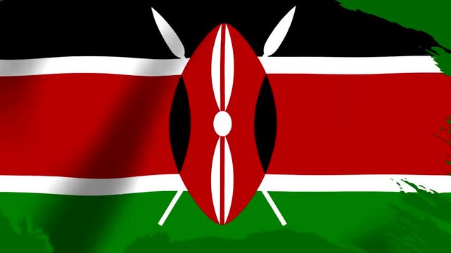 Waving flag of Kenya featuring the traditional shield and spears emblem